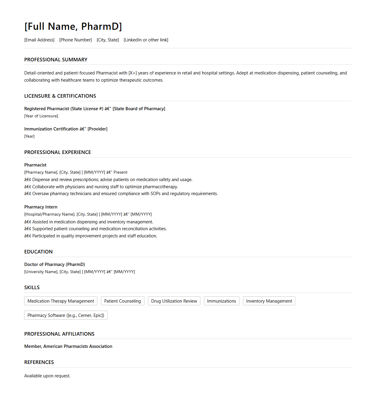 Pharmacist Resume Template for Medical Fields