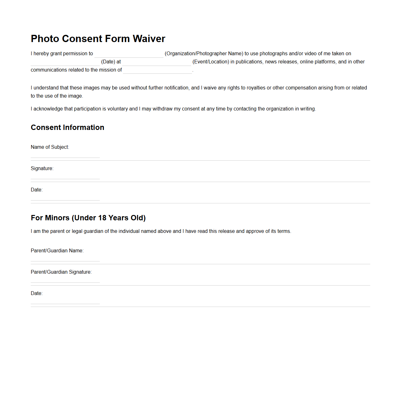 Photo Consent Form Waiver Template