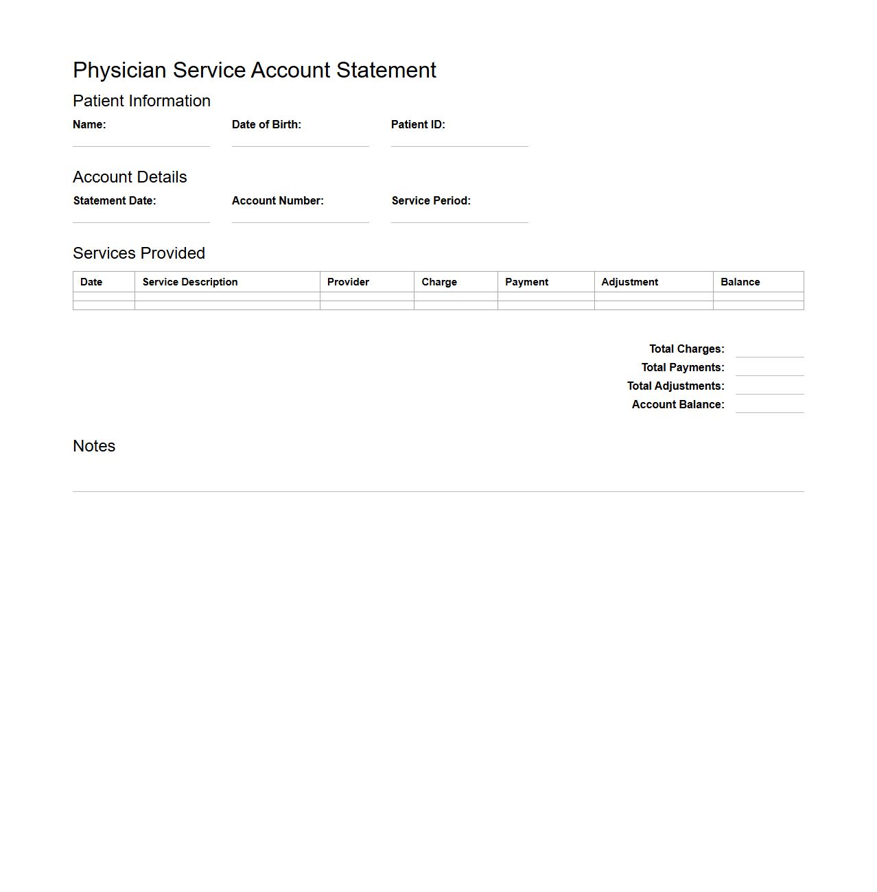 Physician Service Blank Account Statement