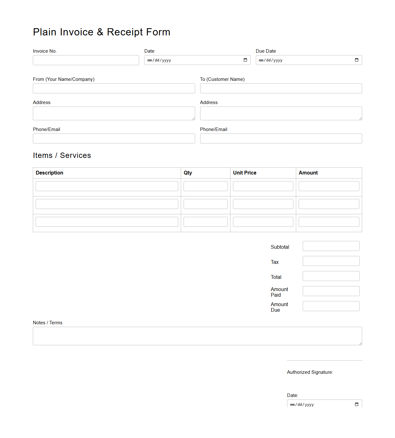 Plain Invoice and Receipt Form for Financial Records