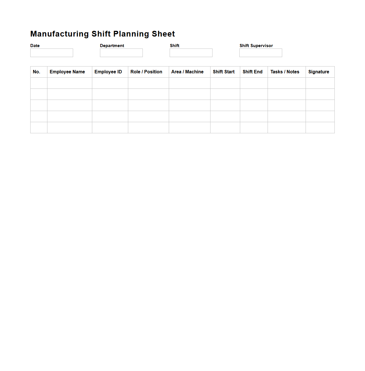 Plain Manufacturing Shift Planning Sheet