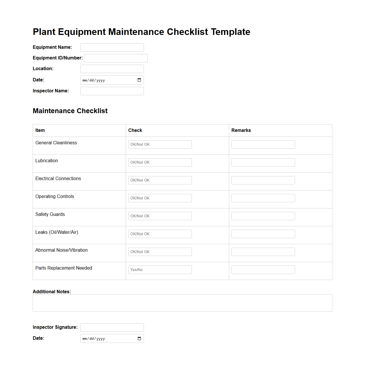 Plant Equipment Maintenance Checklist Template