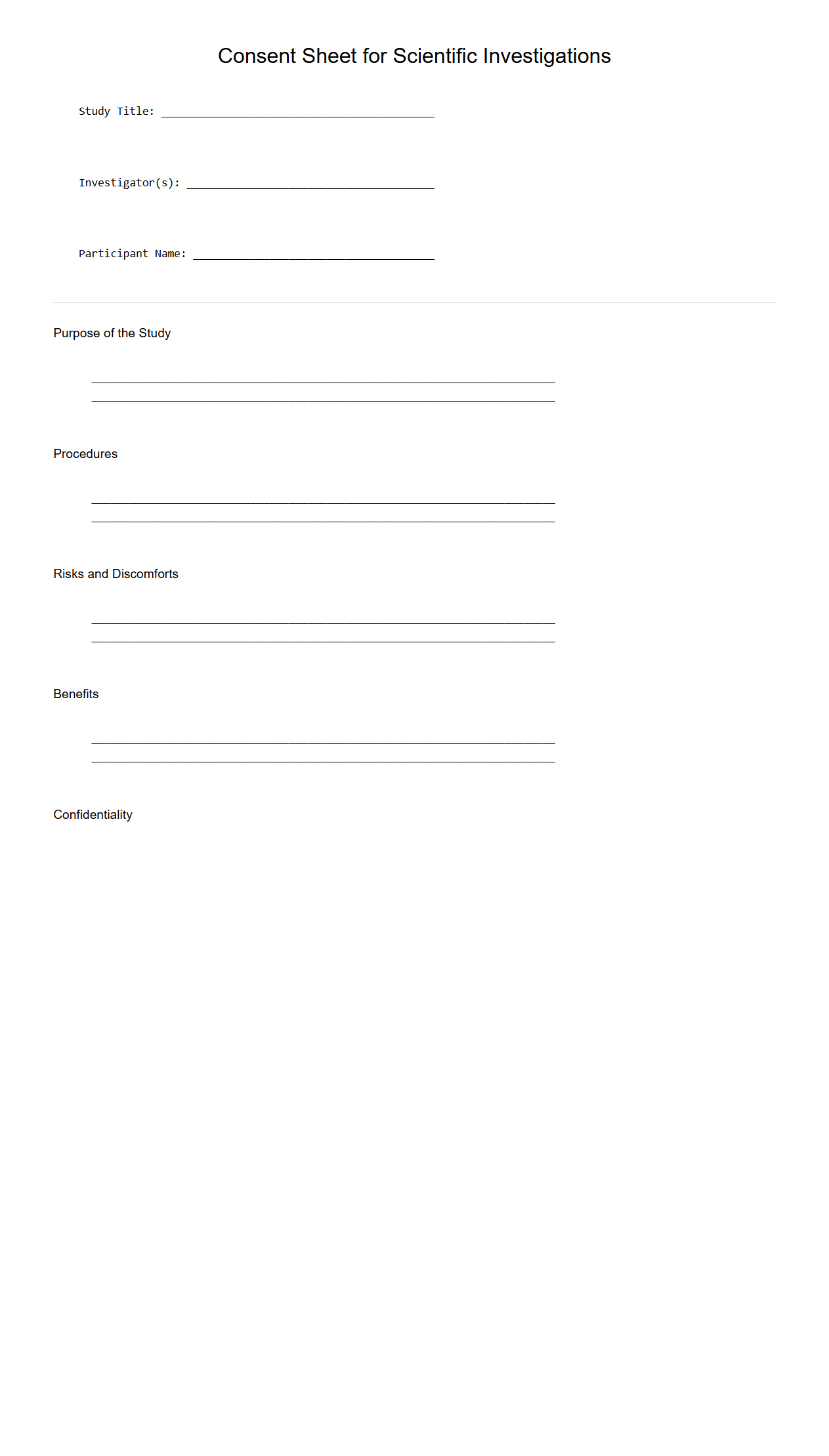 Preformatted Consent Sheet for Scientific Investigations