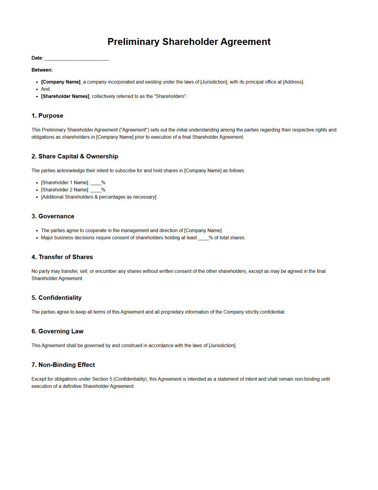 Preliminary Shareholder Agreement Format for Organizations
