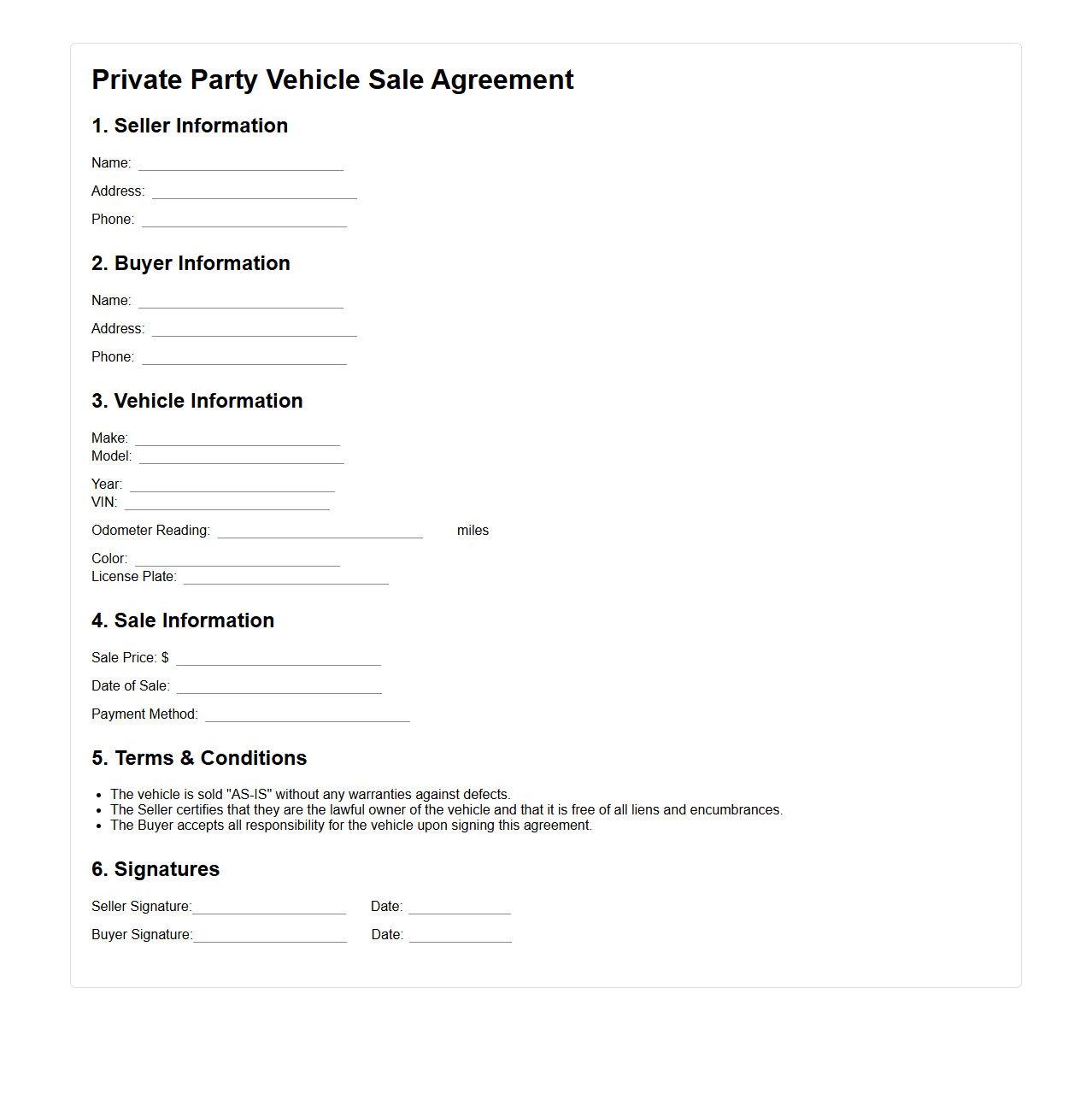Private Party Vehicle Sale Agreement