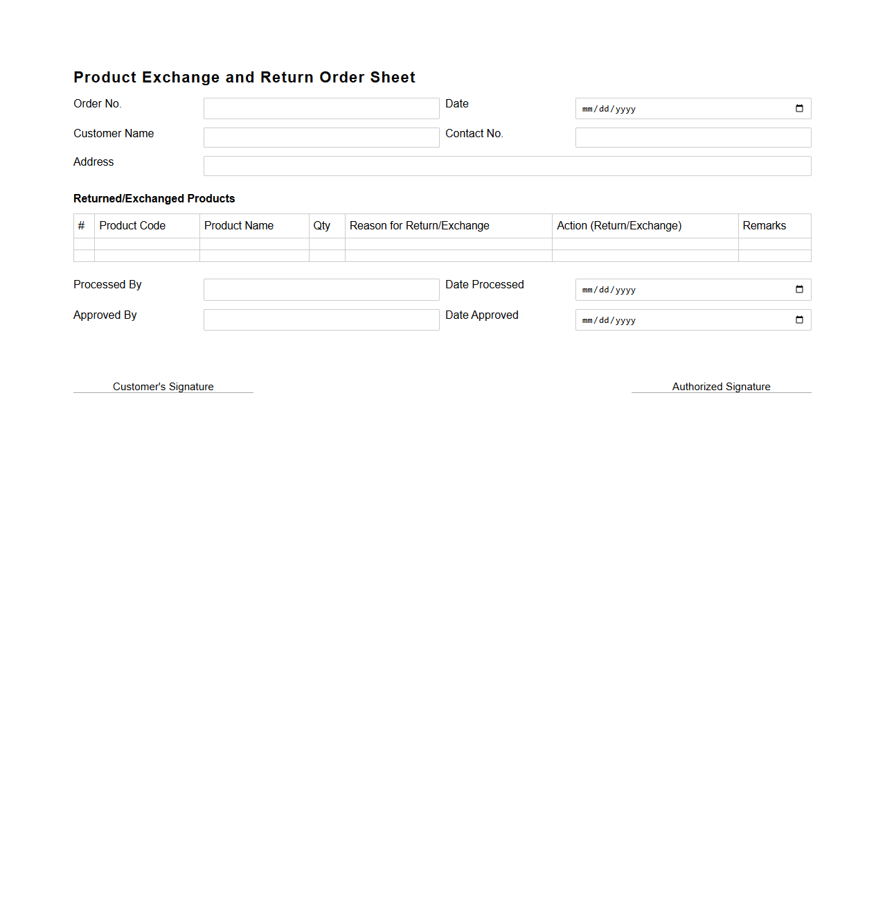 Product Exchange and Return Order Sheet