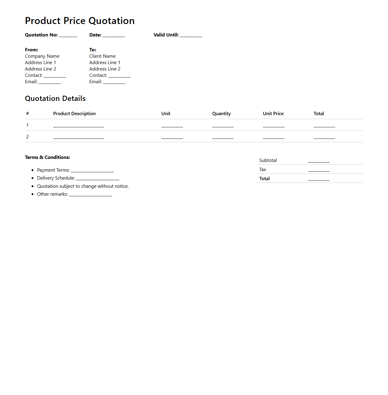 Product Price Quotation Document