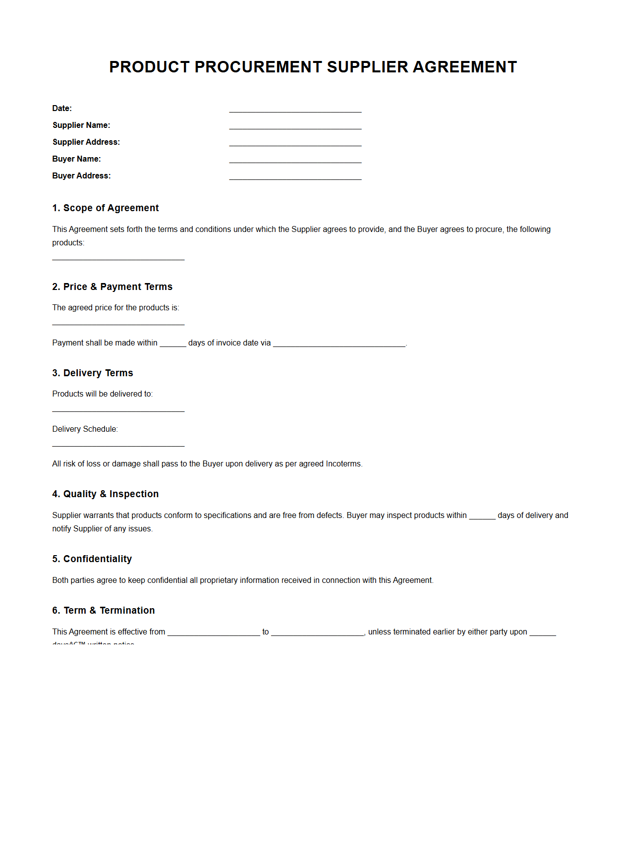 Product Procurement Supplier Agreement Format