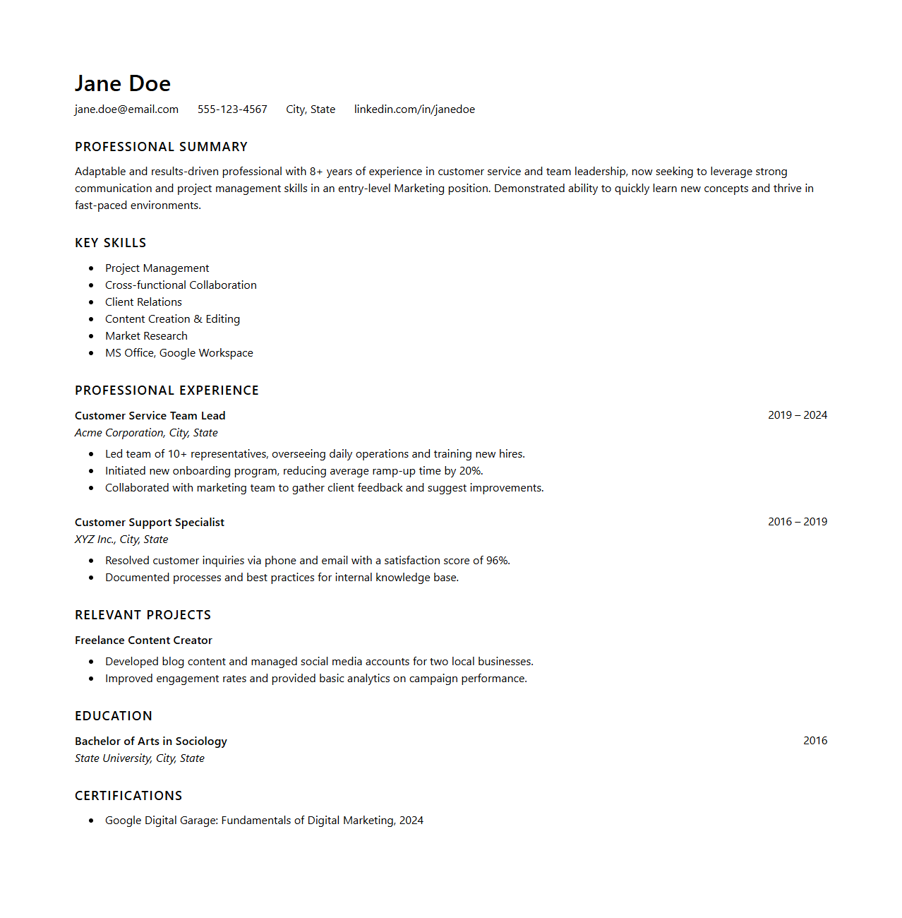 Professional Career Change Resume Template