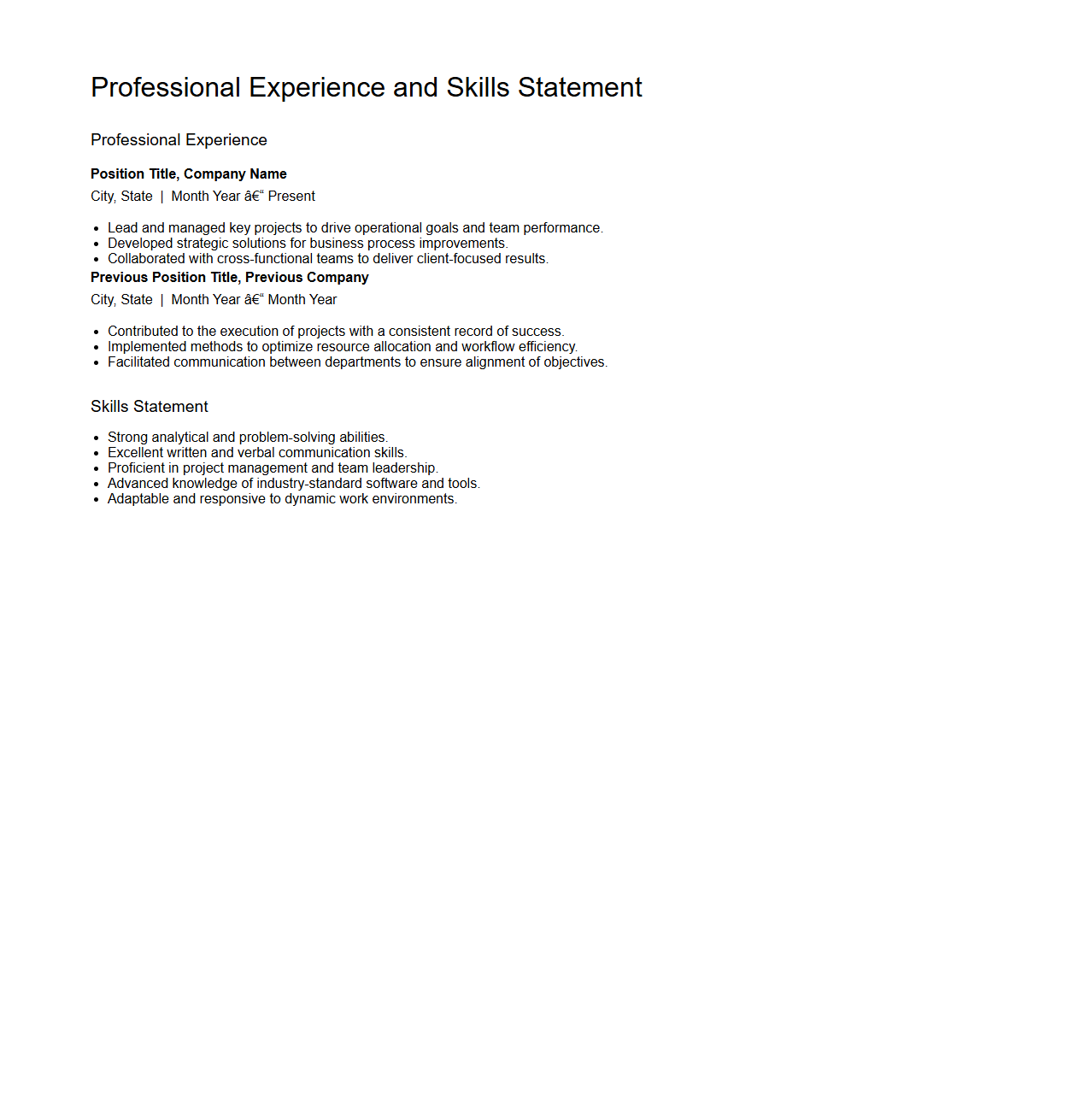 Professional Experience and Skills Statement Sample