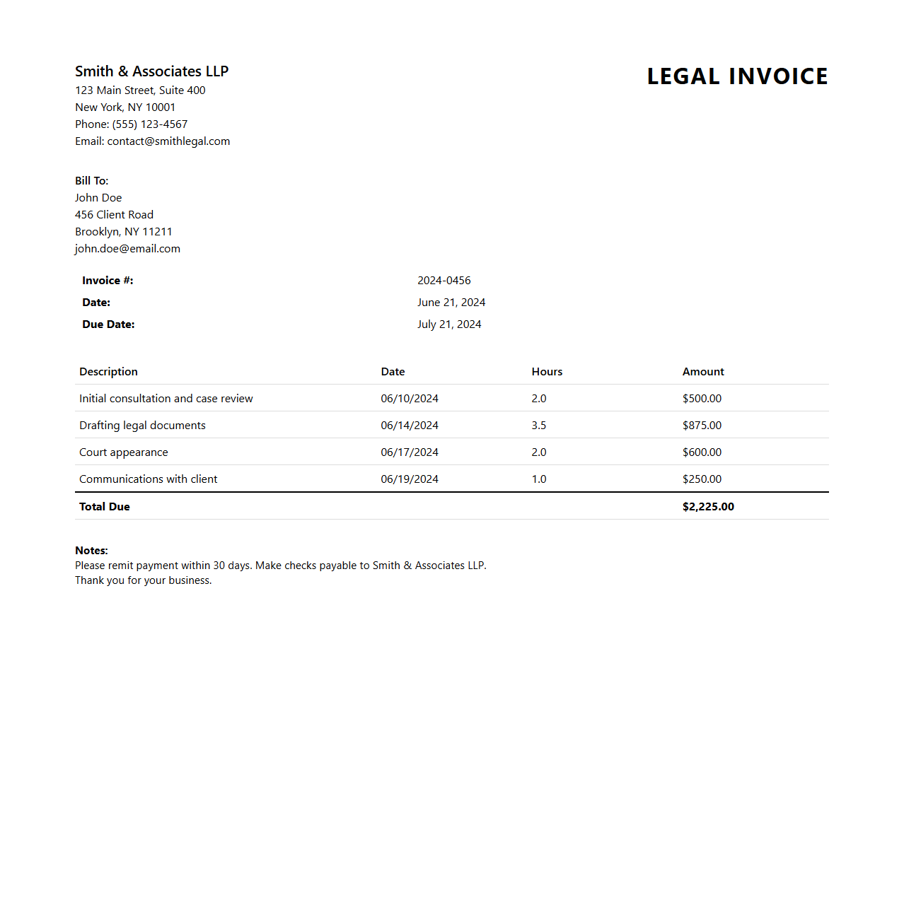 Professional Legal Invoice Example