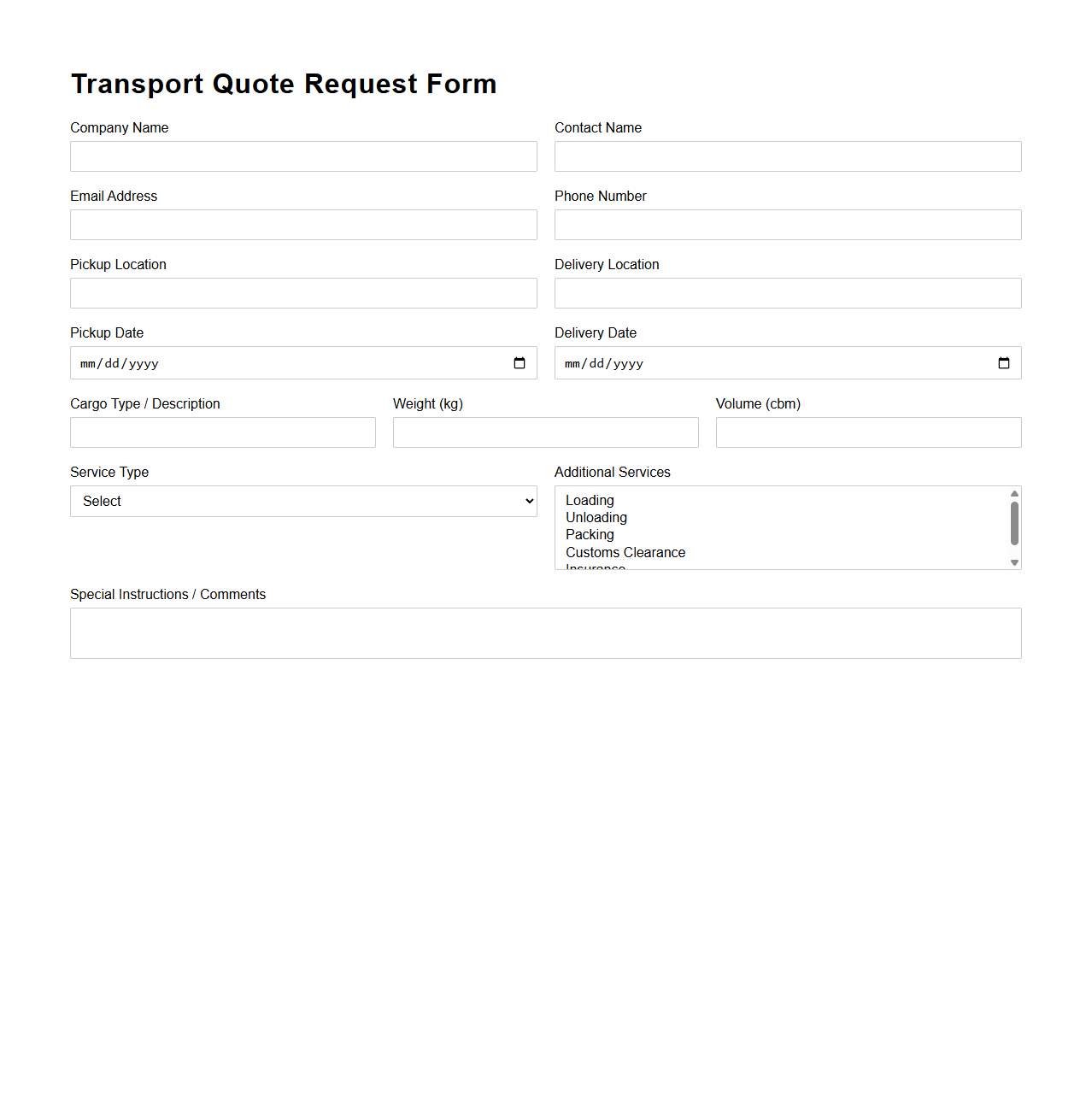 Professional Logistics Transport Quote Form
