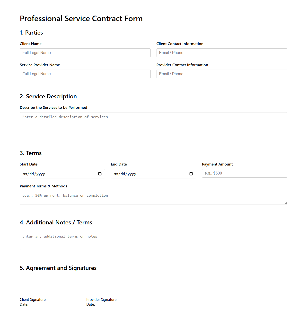 Professional Service Contract Form for Gig Work
