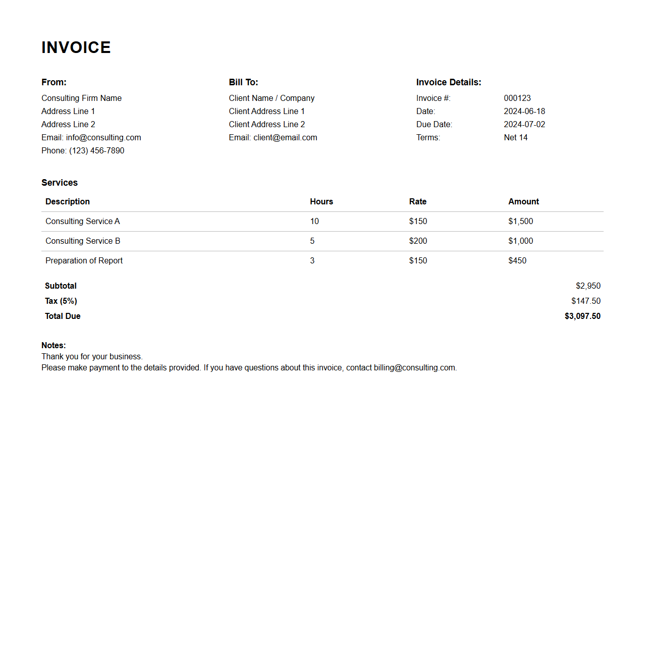 Professional Services Consulting Invoice Format