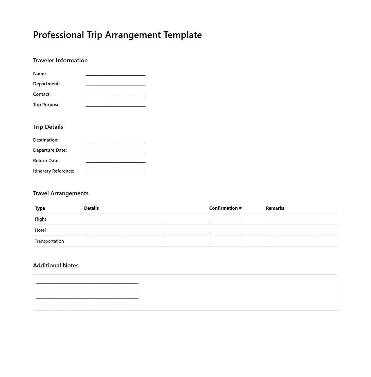 Professional Trip Arrangement Template