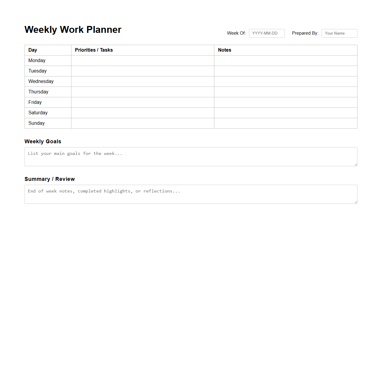 Professional Weekly Work Planner Layout