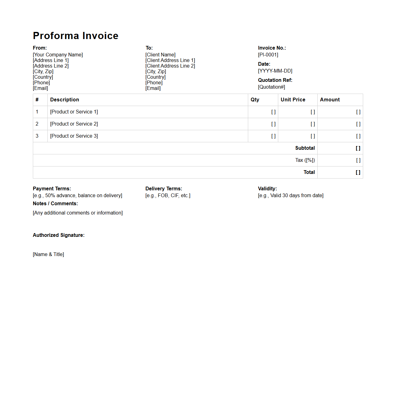 Proforma Invoice Template for Sales Quotation