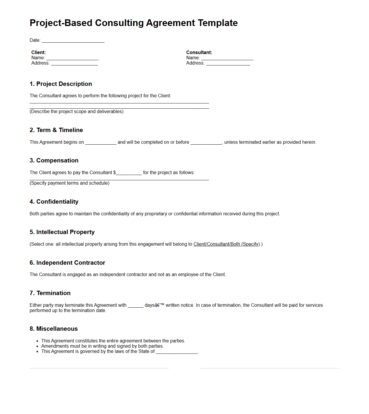 Project-Based Consulting Agreement Template