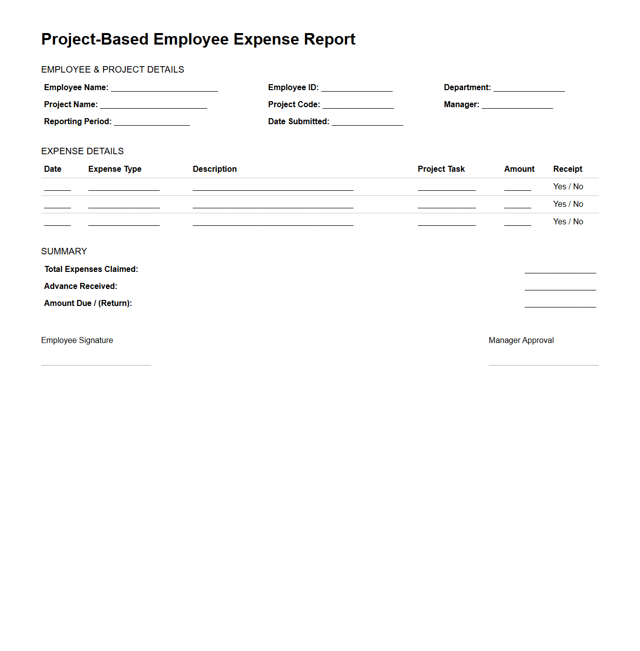 Project-Based Employee Expense Report Template