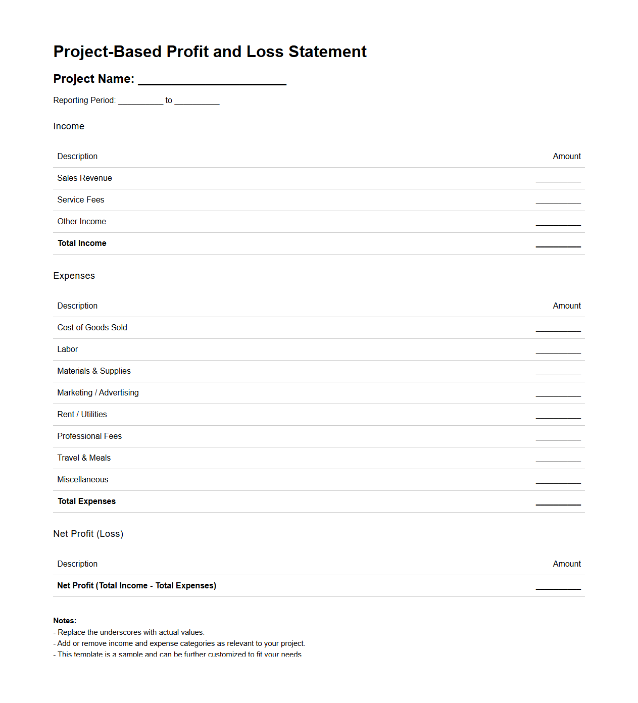 Project-Based Profit and Loss Statement Template for Entrepreneurs