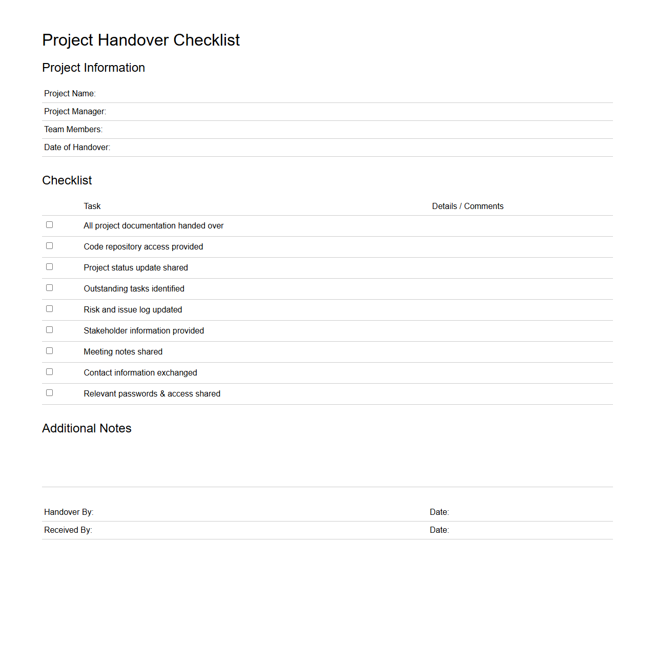 Project Handover Checklist for Team Members