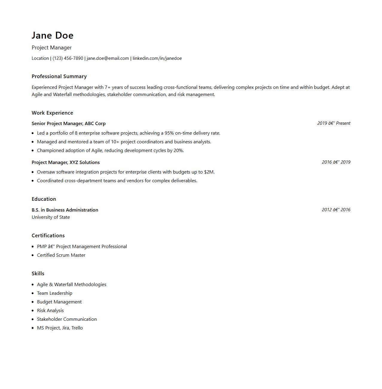 Project Manager Resume Template