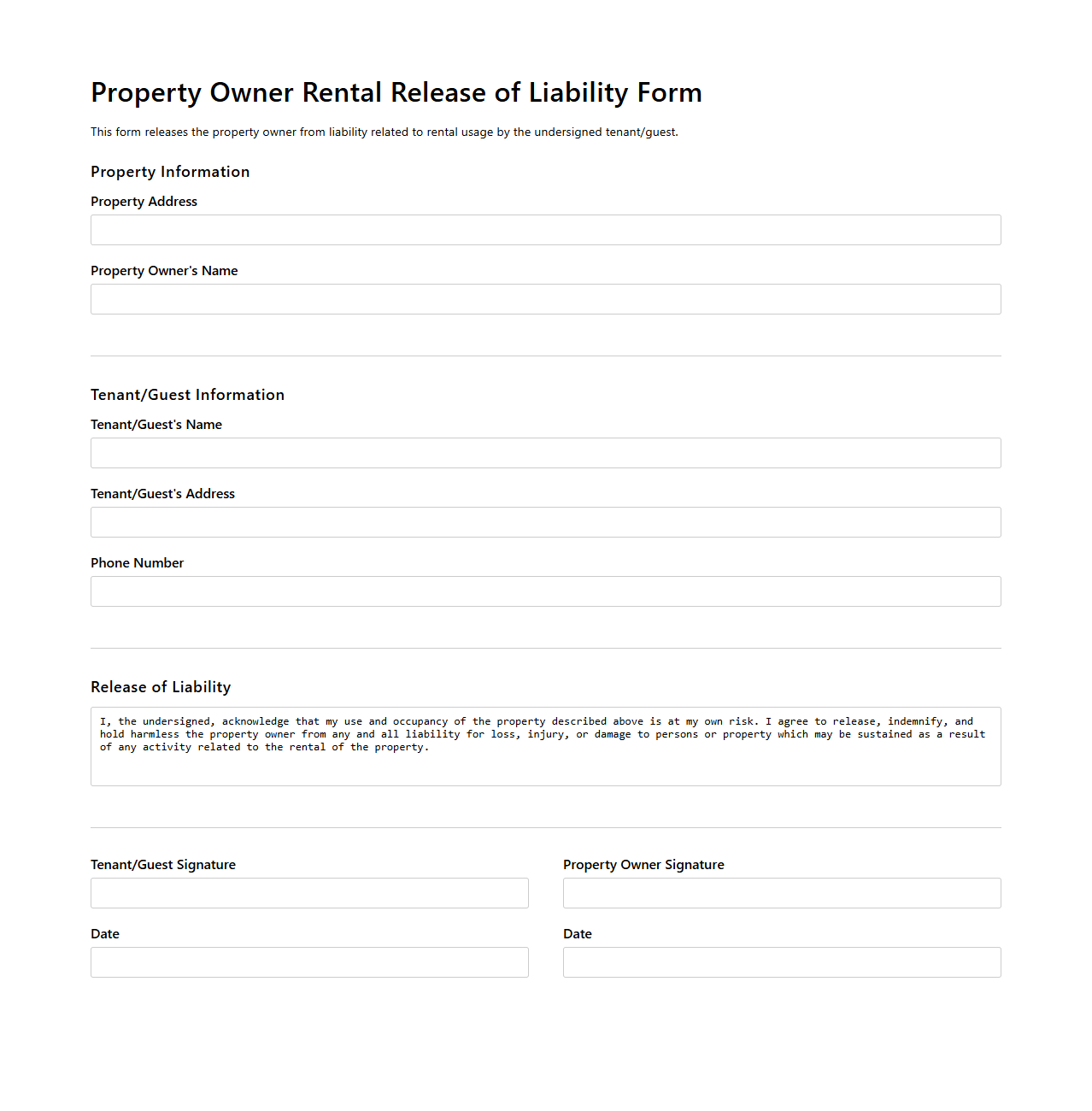 Property Owner Rental Release of Liability Form