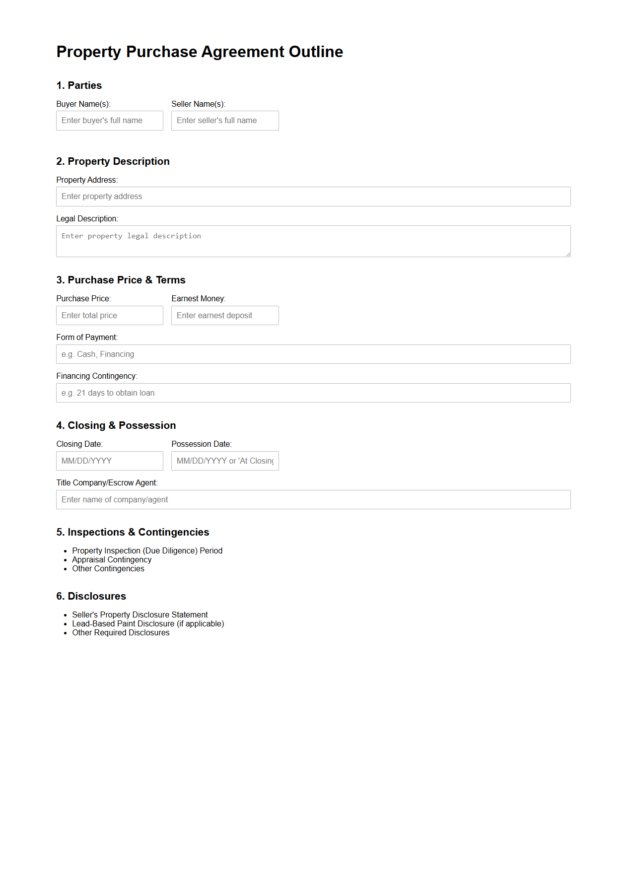 Property Purchase Agreement Outline for Realtors
