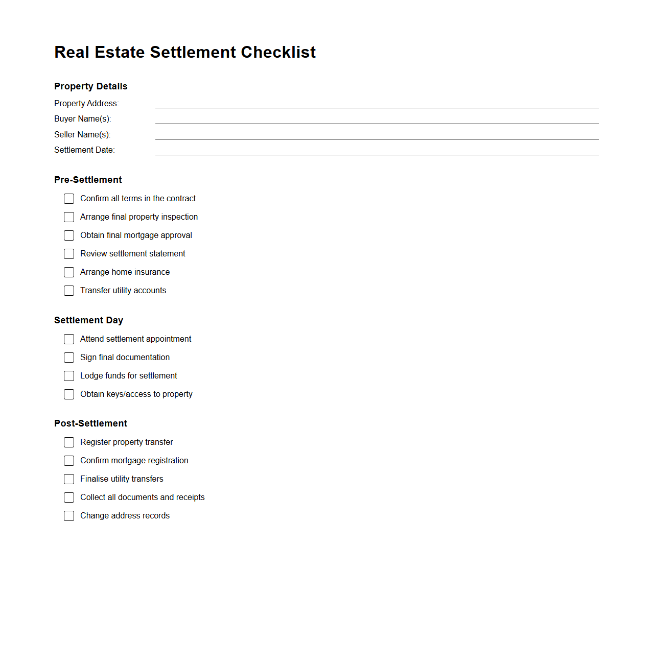 Real Estate Settlement Checklist Template