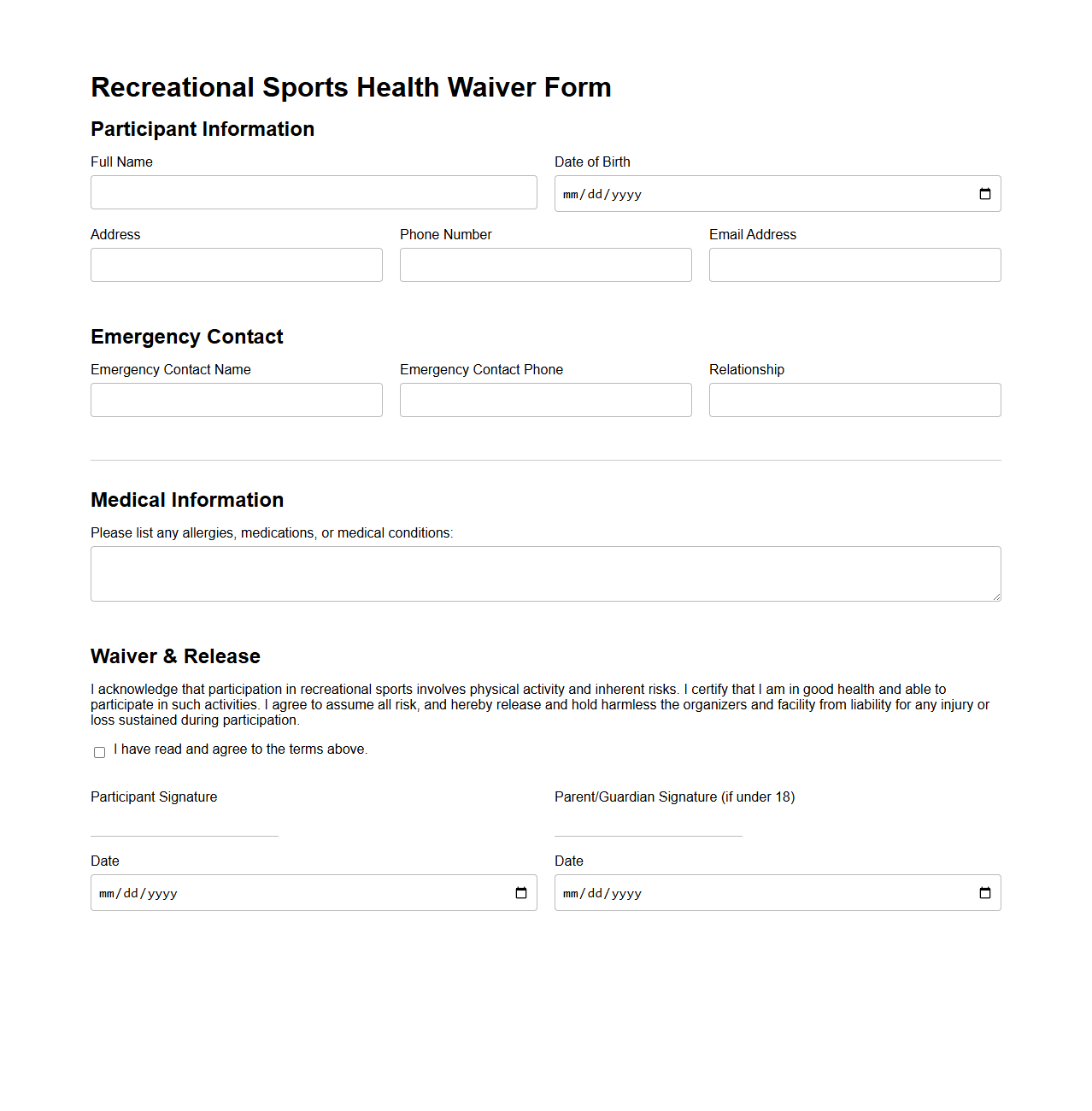Recreational Sports Health Waiver Form