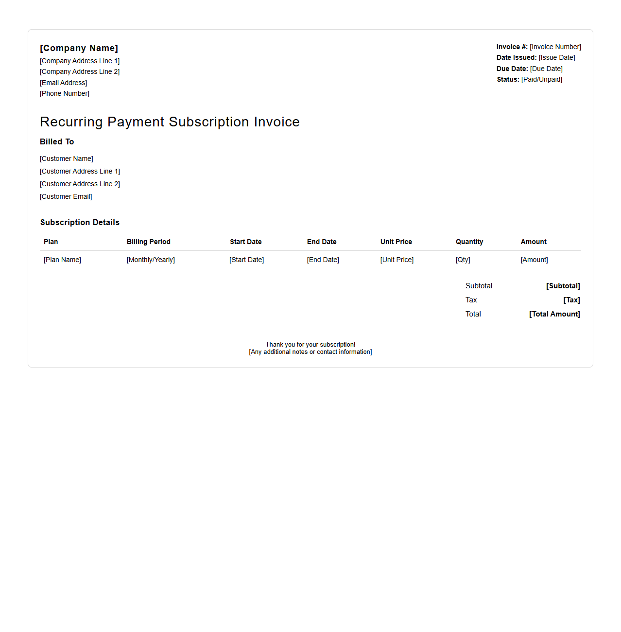 Recurring Payment Subscription Invoice Sheet
