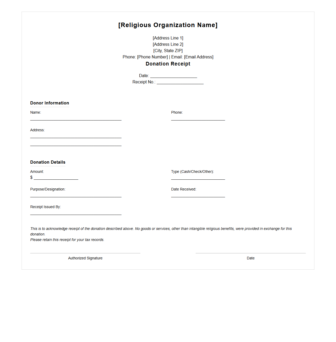 Religious Organization Donation Receipt Template