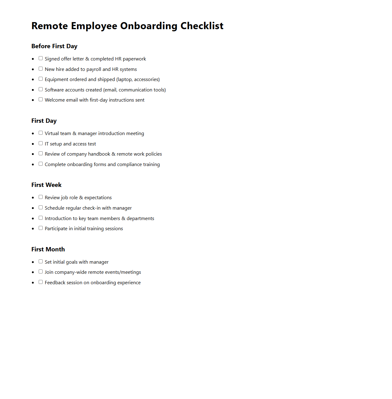 Remote Employee Onboarding Checklist Template