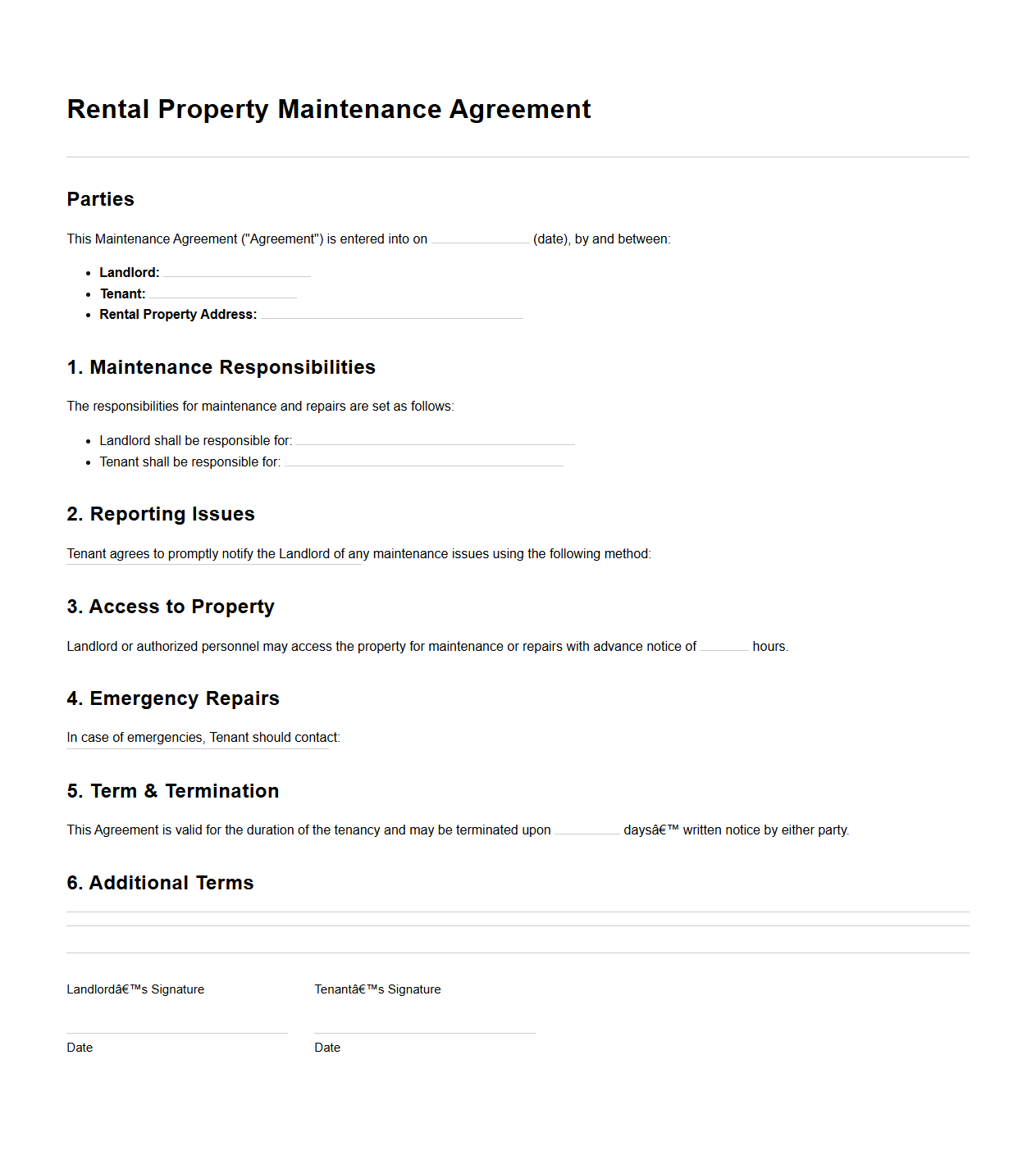 Rental Property Maintenance Agreement Format