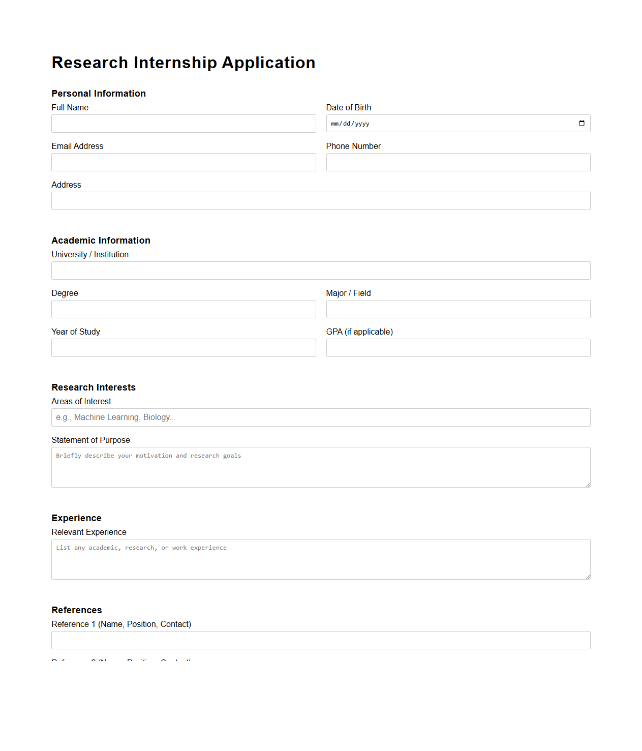 Research Internship Application Blank Document