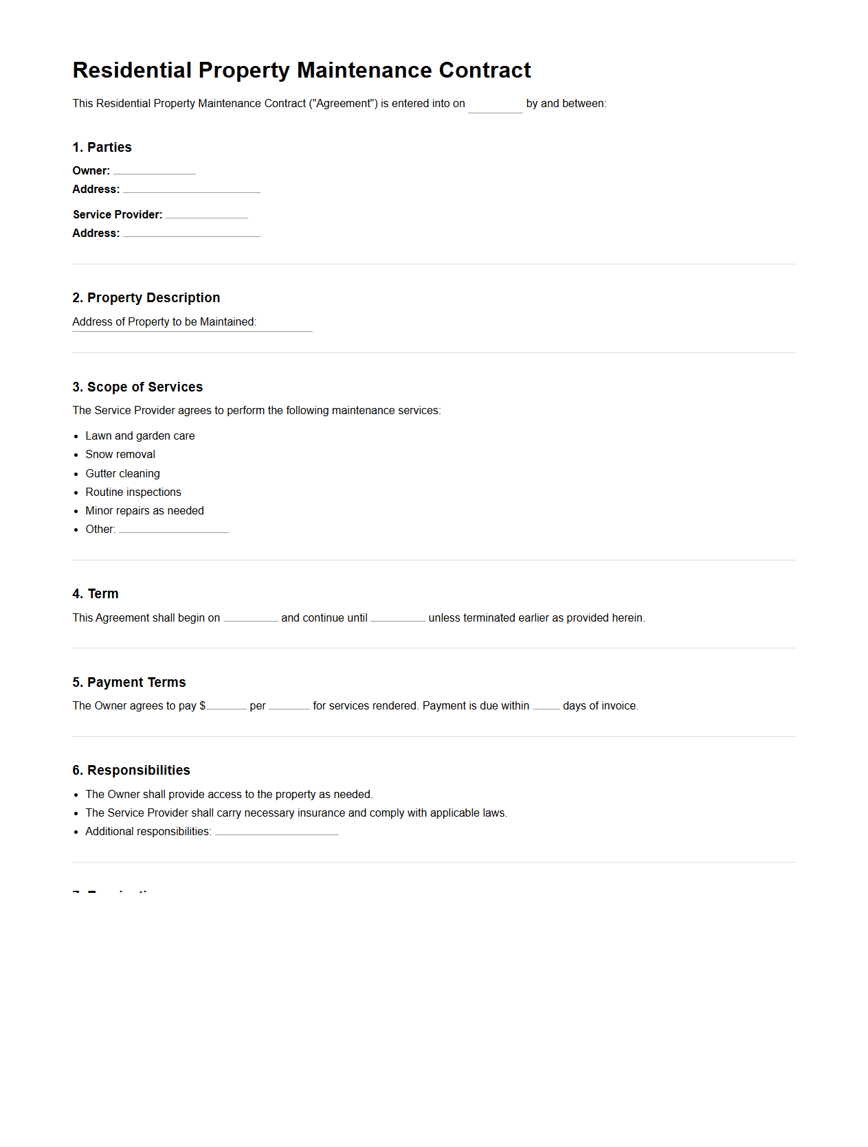 Residential Property Maintenance Contract Template