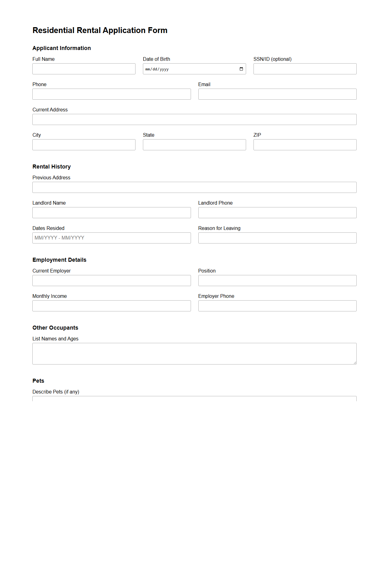 Residential Rental Application Form Template