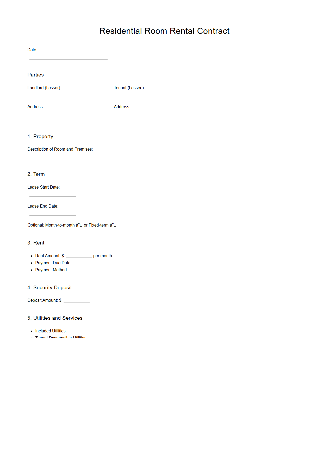 Residential Room Rental Contract Template