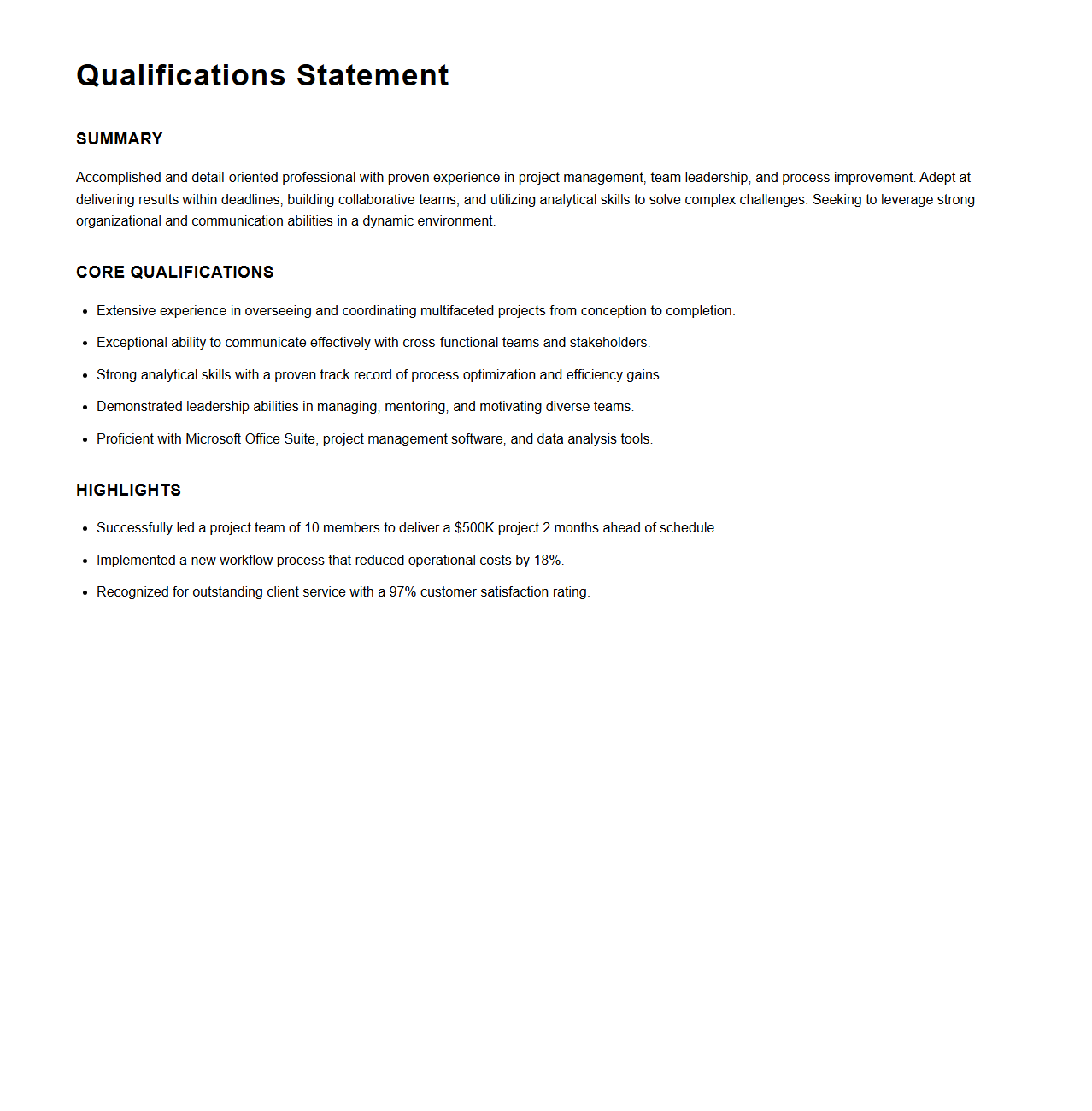 Resume Qualifications Statement Example