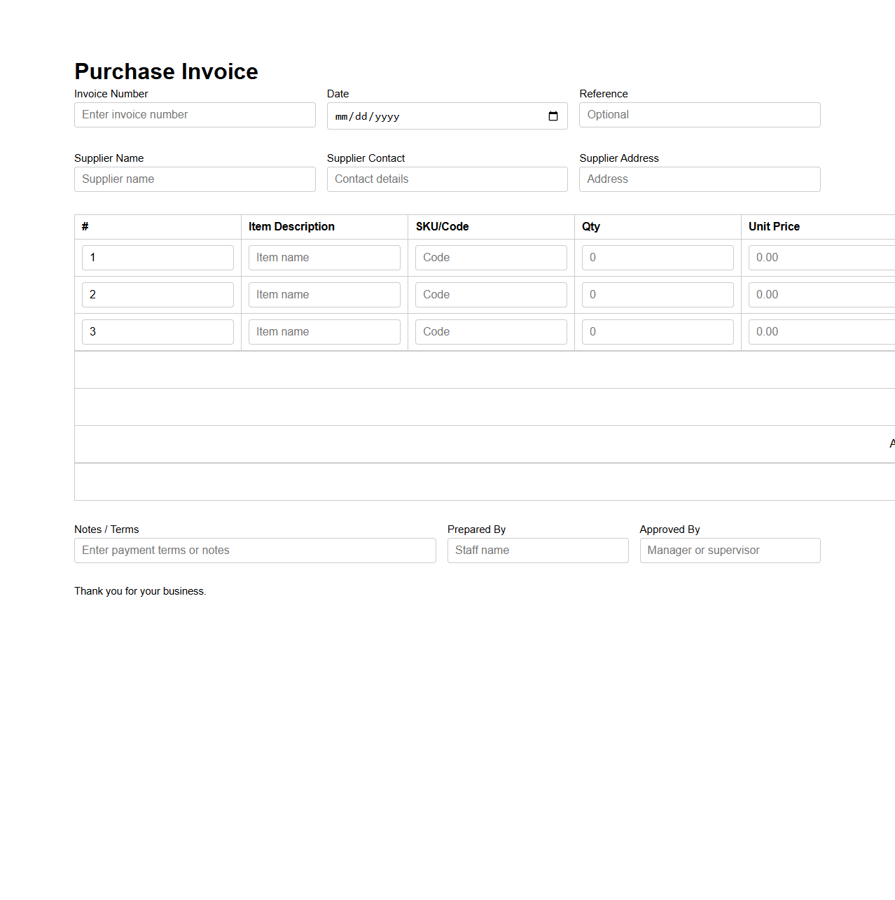Retail Shop Purchase Invoice Form Design