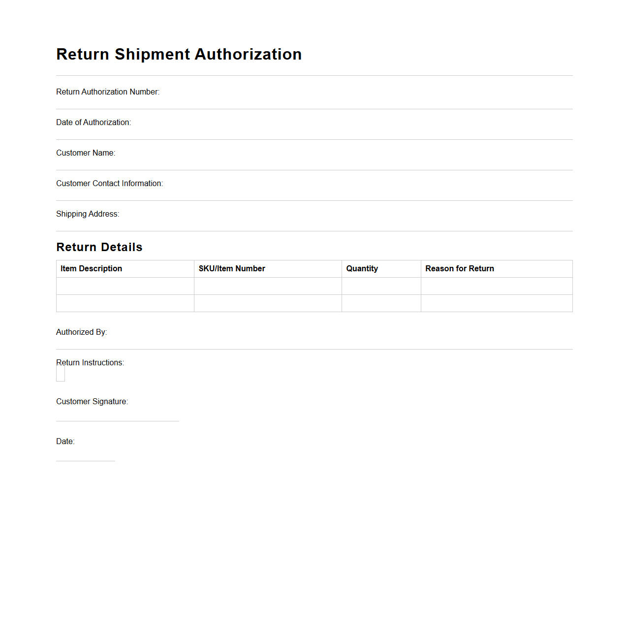 Return Shipment Authorization Template
