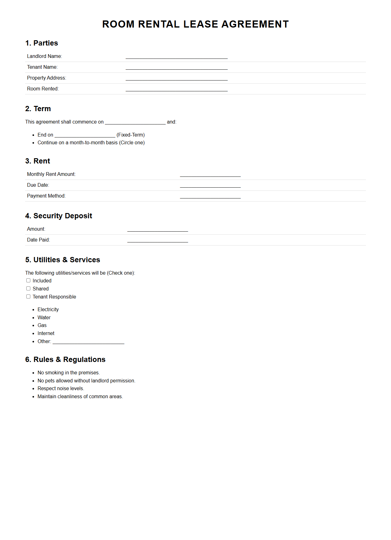 Room Rental Lease Agreement Template