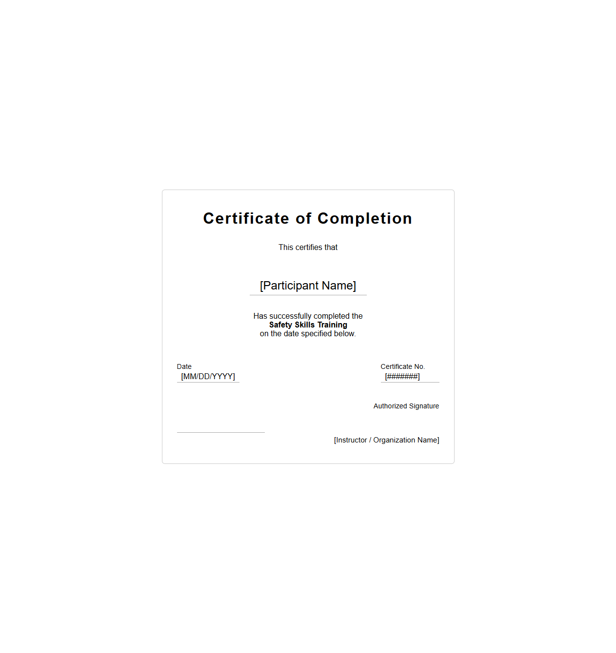 Safety Skills Training Certificate Sample