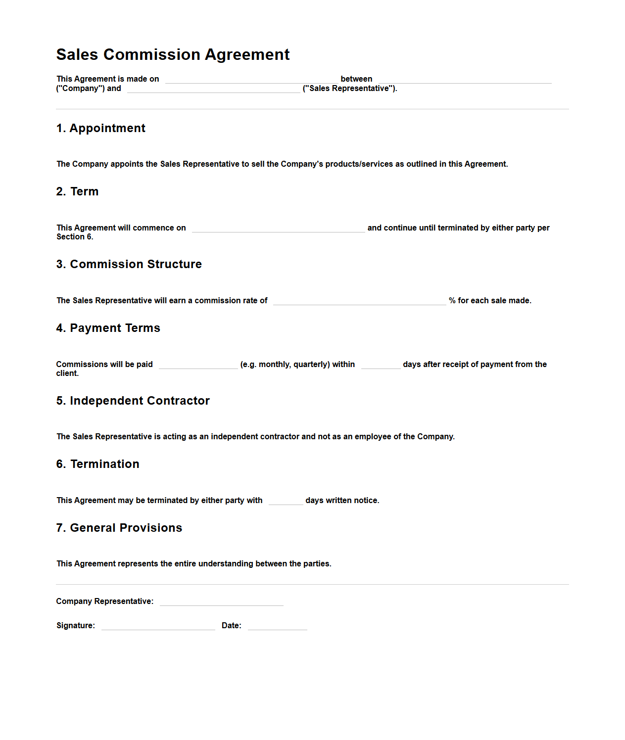 Sales Commission Agreement Blank Template