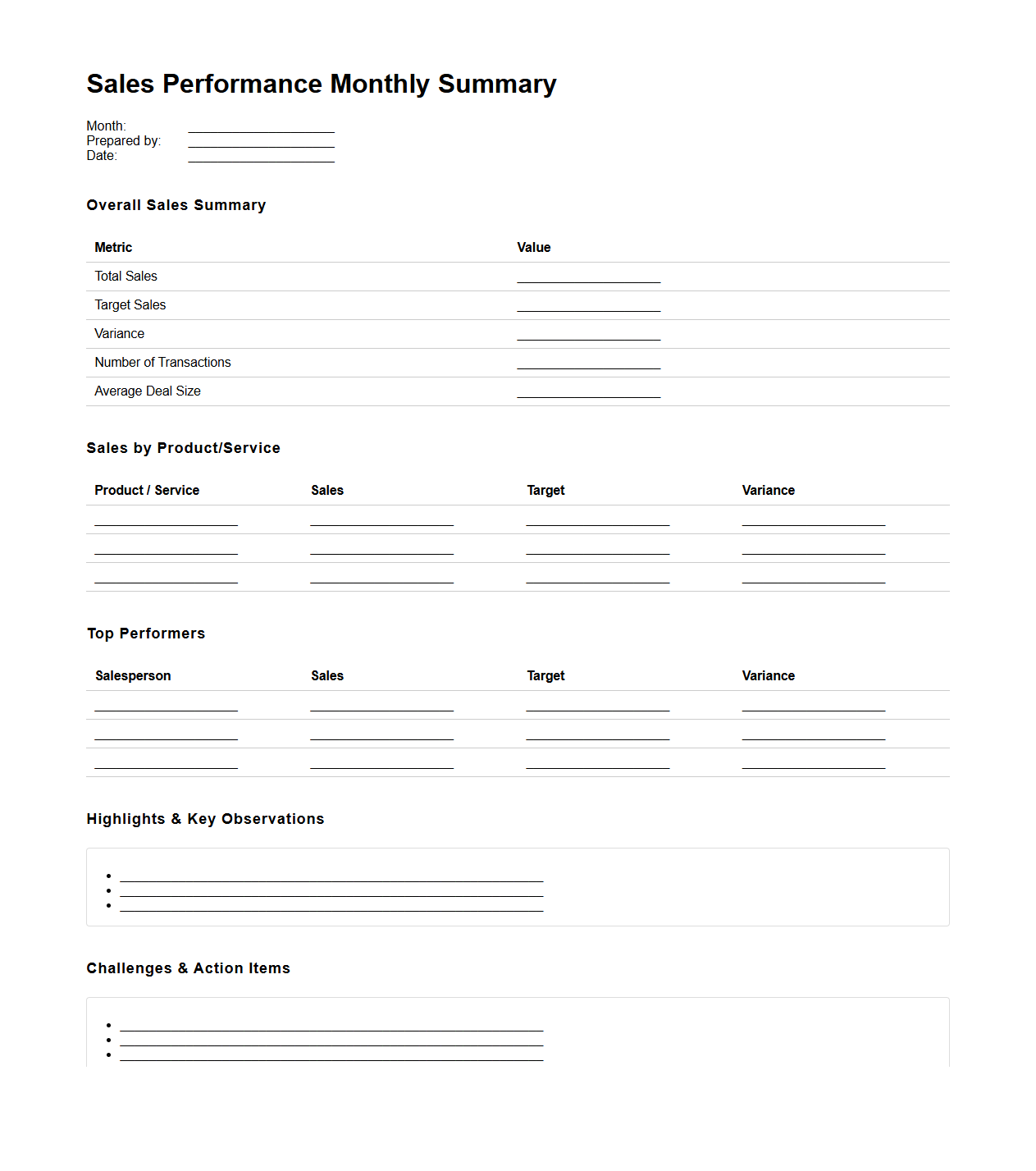 Sales Performance Monthly Summary Template