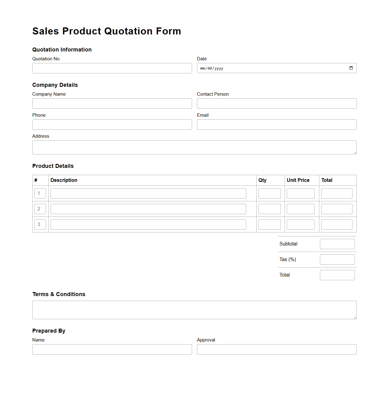 Sales Product Quotation Form Template