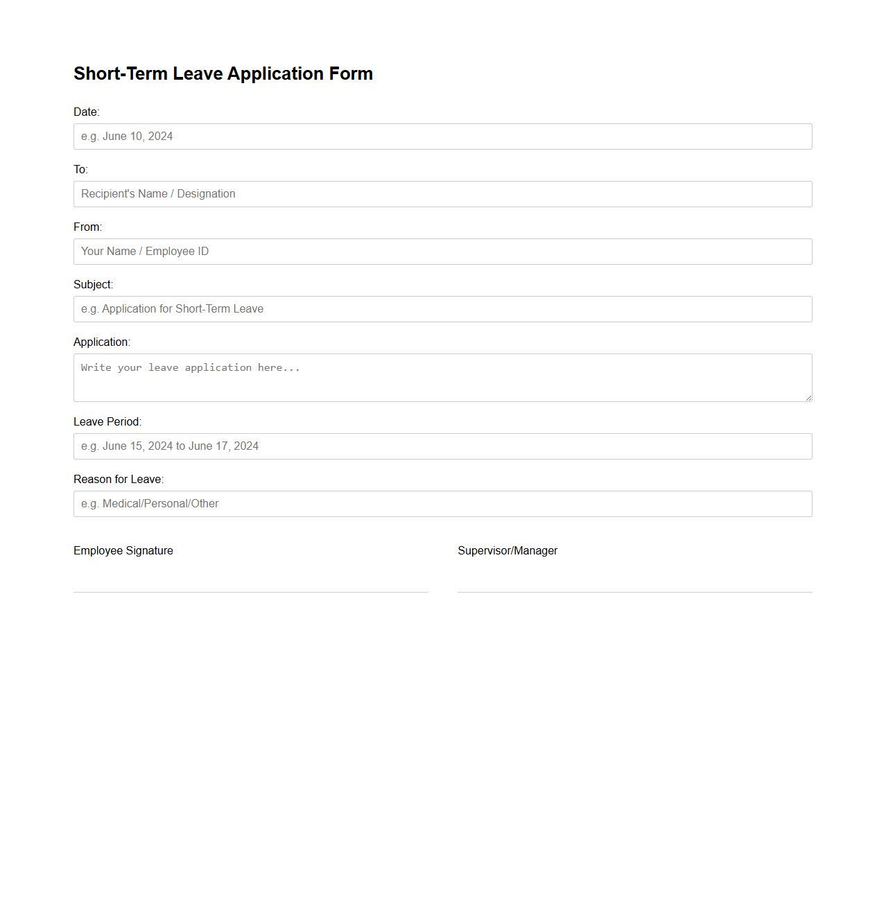 Sample Blank Short-Term Leave Application for Employees
