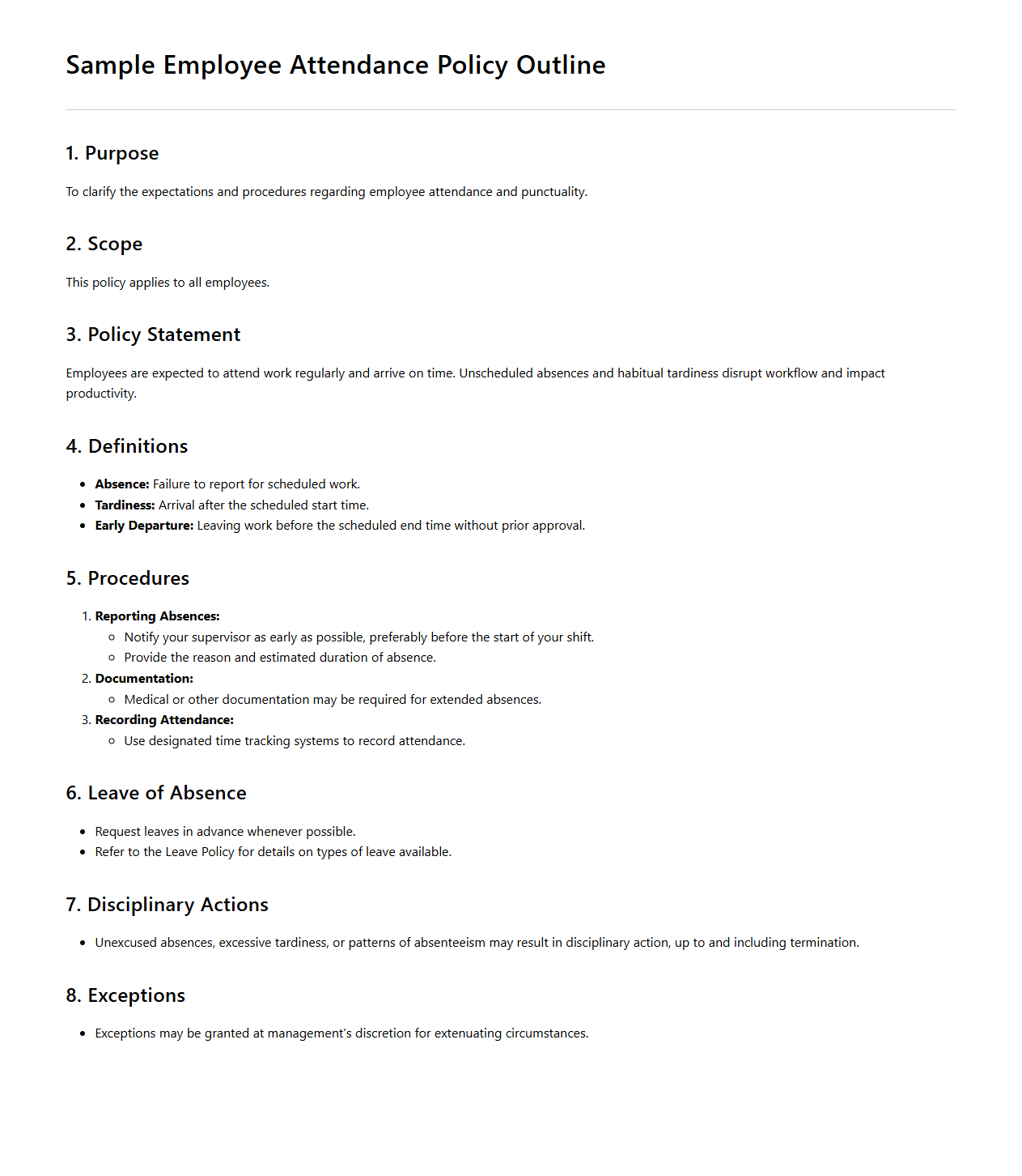 Sample Employee Attendance Policy Outline for HR