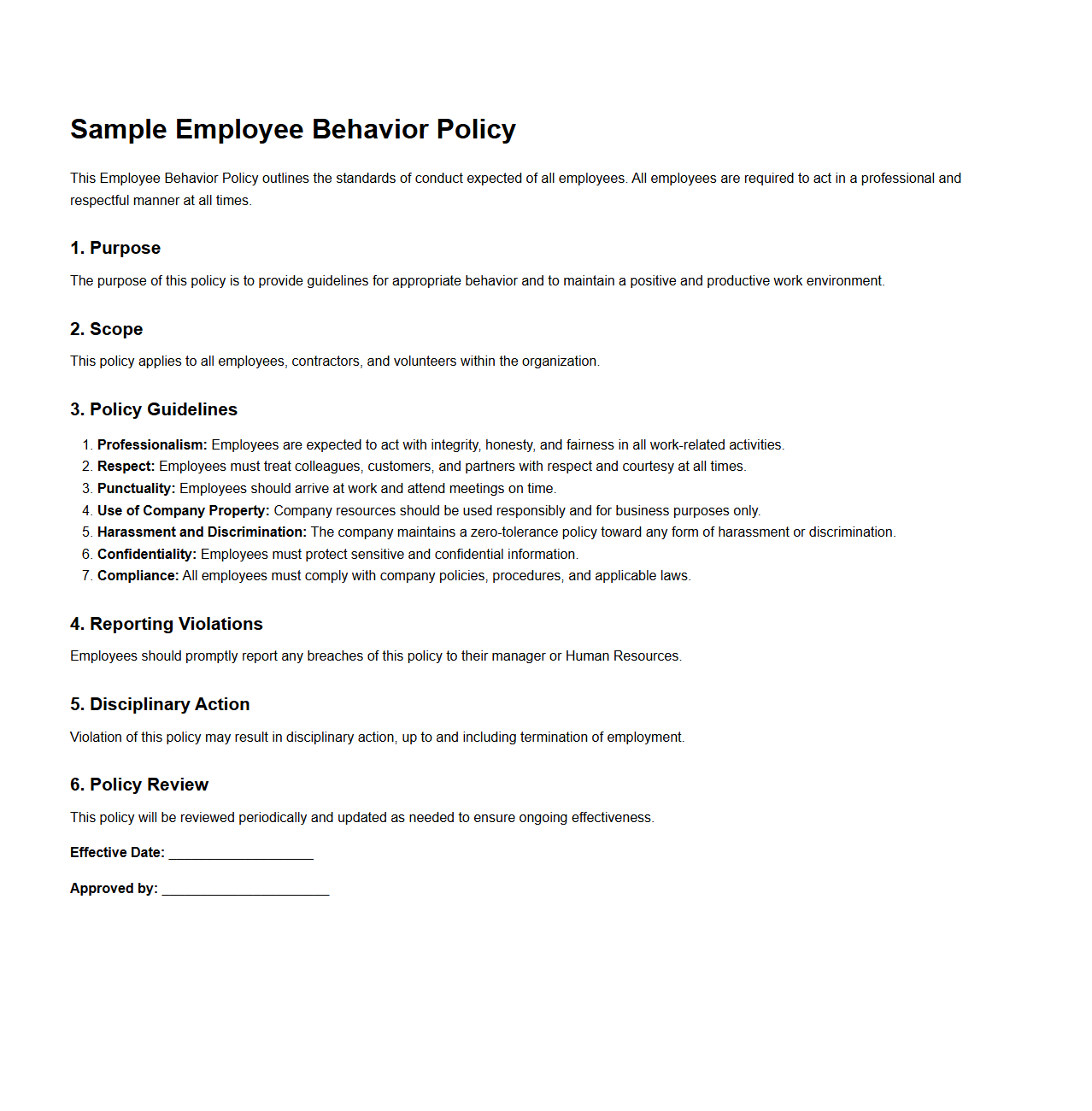 Sample Employee Behavior Policy Template