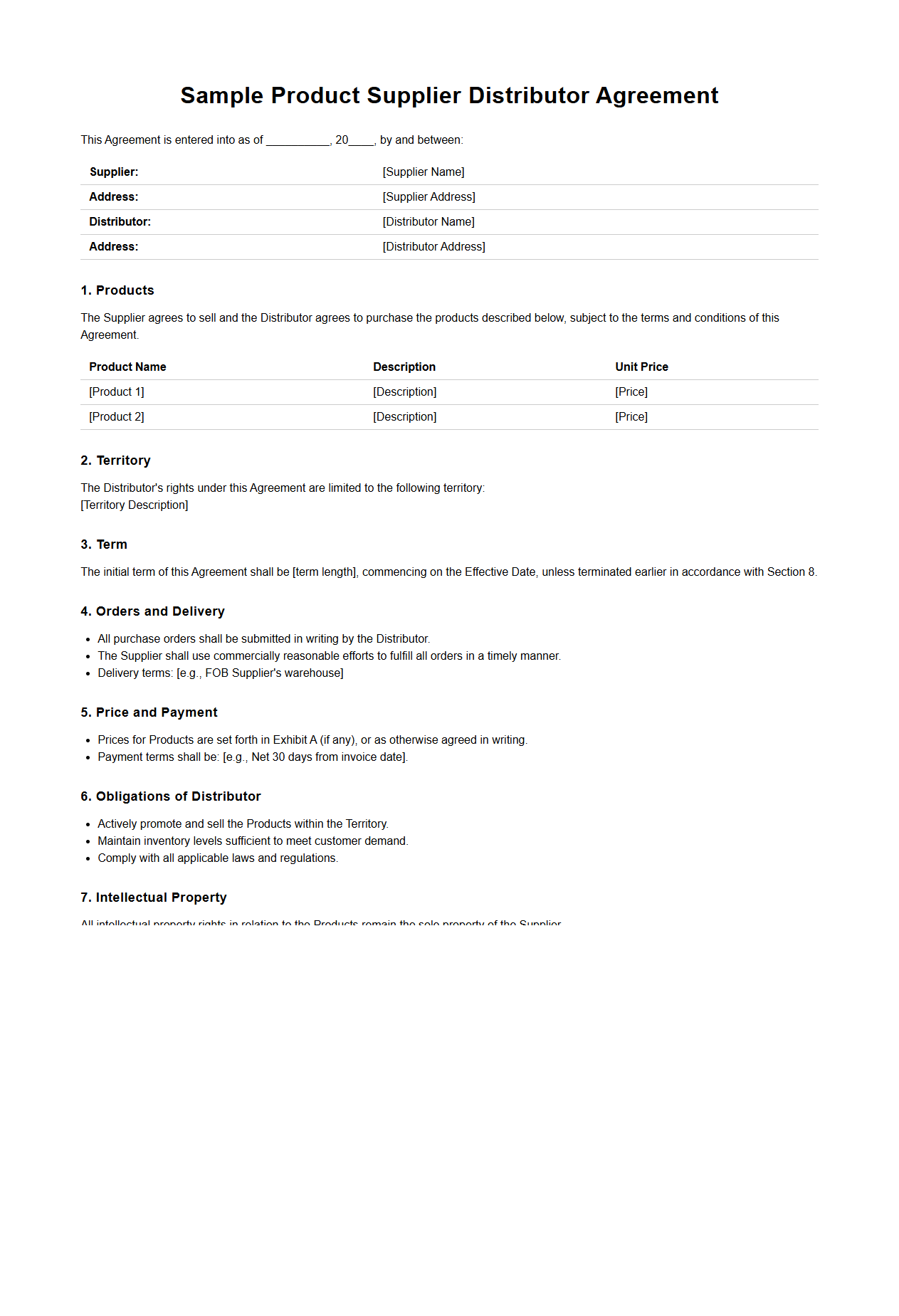 Sample Product Supplier Distributor Agreement Layout